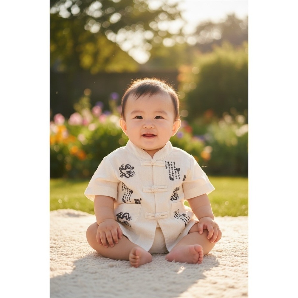 Eastern Collection Tang Suit Shirt 12-18 Months Ivory Dragon Embroidered linen